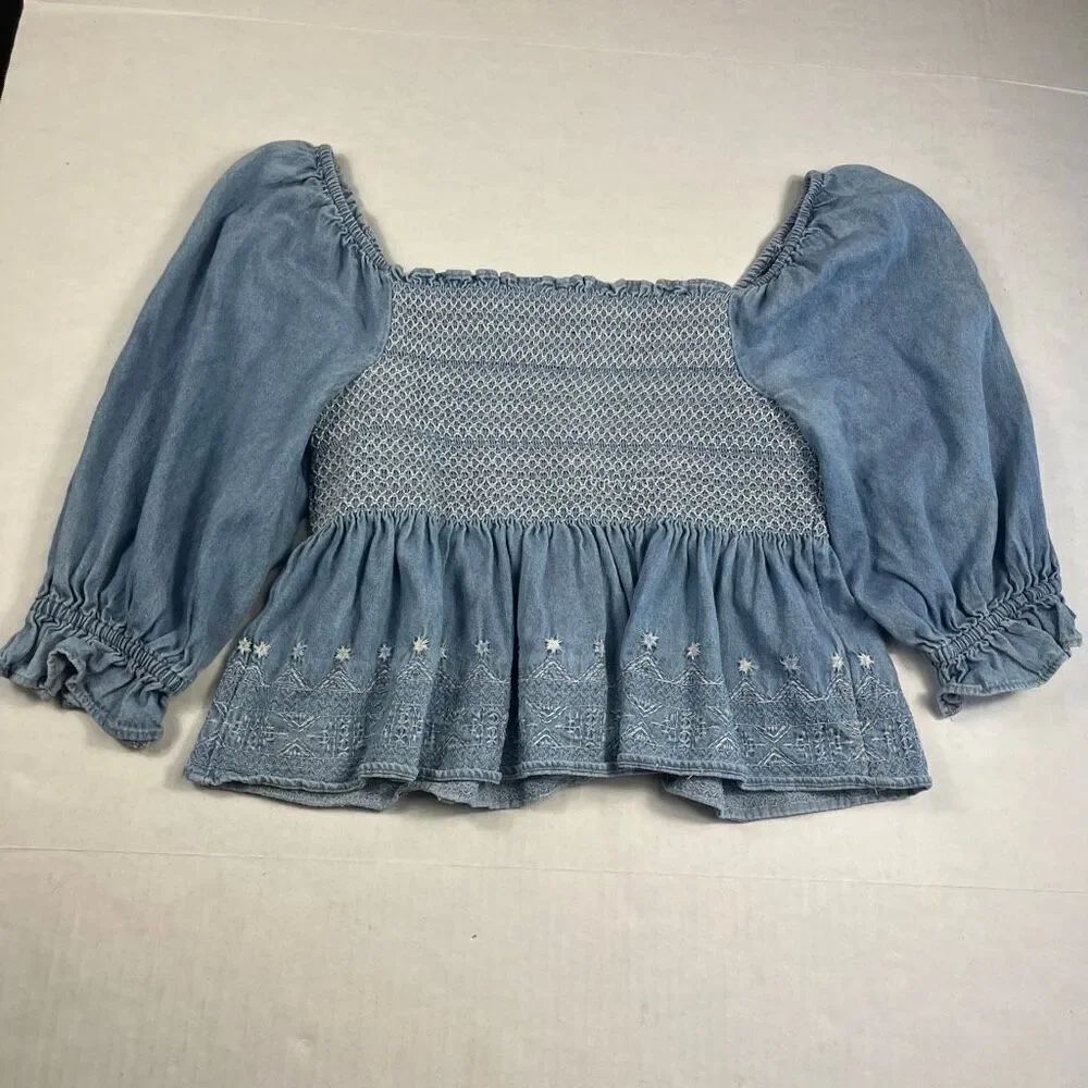American Eagle Womens Cropped Peplum Shirt Blue Denim Coquette Milkmaid Top S